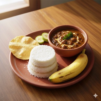 Puttu (Tubed bread) served in an earthen plate with chick pea curry, fried papad and banana.