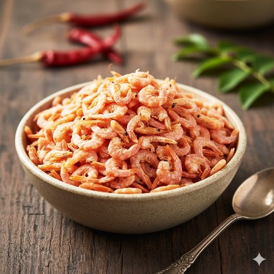 Sun dried uncooked prawns in a bowl
