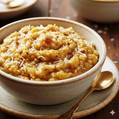 Traditional kanji water mixture with coconut, jaggery and ghee cooked and ready to serve