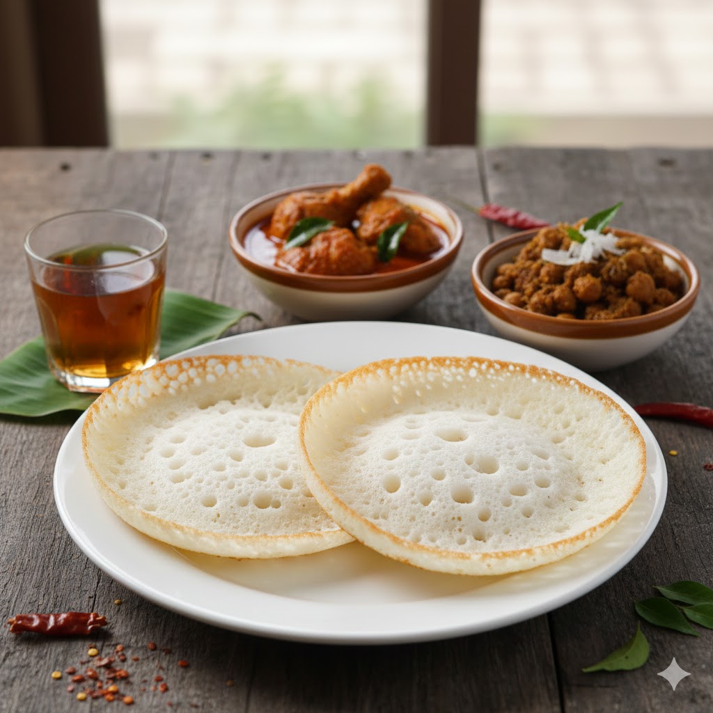 Traditional Kerala palappam meal with chicken curry, chickpea curry and black tea