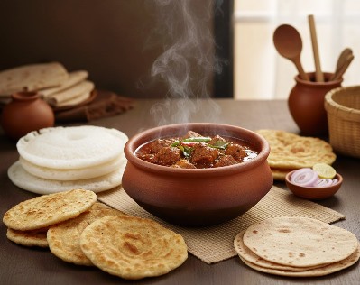 Blazing Red Pork Curry – Kerala Style in mud pot served with chapathi, roti, appam, porota and onion