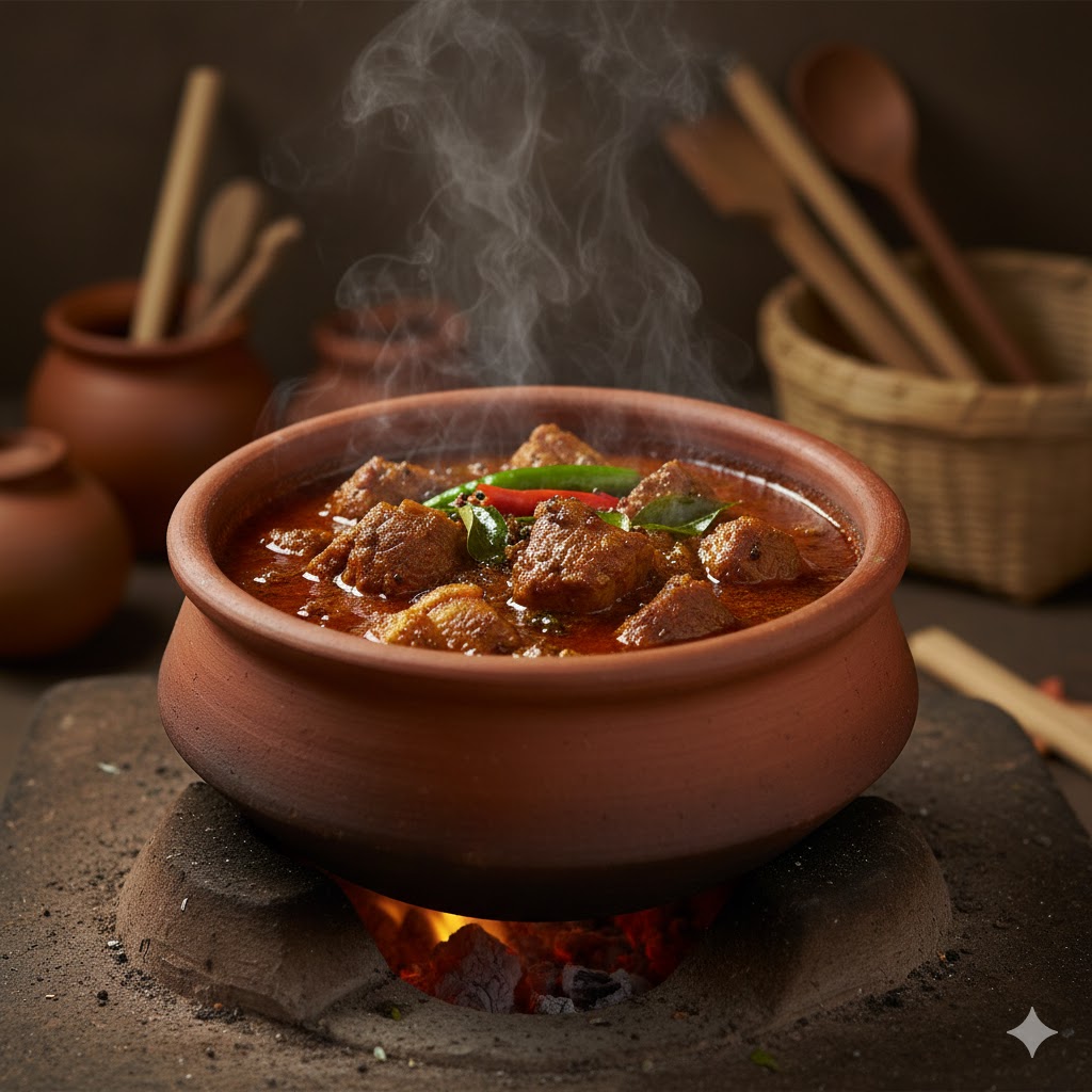 Blazing Red Pork Curry – Traditional pork curry cooking in a mud pot over wood fire, Kerala cuisine