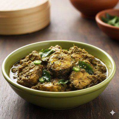 Kerala-style steamed fish served hot in a porcelain bowl