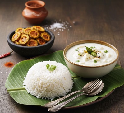 Curd potato pachadi served with cooed rice in a plate, Bittergourd Kondattam is in a bowl at the side