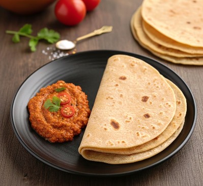 Instant tomato chutney in a plate as side dish for chapattis