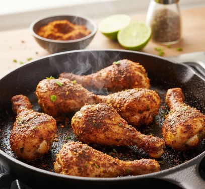 Oil-free chicken lollipops cooked in a pan with spices