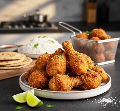 Oil-free chicken lollipops cooked and served with rice and chapatti