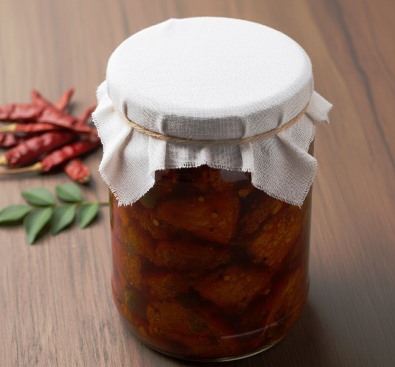Traditional Kerala spicy fish pickle made with Kashmiri chillies and gingerly oil and preserved in glass jar with cloth covered lid