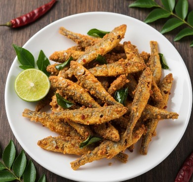 Homemade anchovy fry ina a plate for chutney 