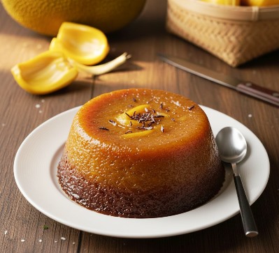 Delicious Instant Eggless Jackfruit Pudding – A Must-Try Kerala Dessert in a plate ready to be cut and shared