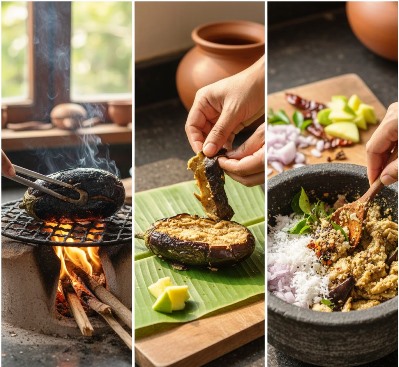 Fire-roasted Brinjal being peeled and mashed with raw mango, coconut, onion, and spices to prepare traditional Kerala egg fruit mango chutney