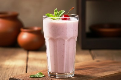 Chacka Kuru Shake (Jackfruit Seed Shake) in glass decorated with cherry and placed on a traditional table atmosphere