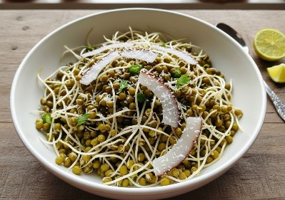 Instant Yummy Cherupayar (Green Gram) Salad – A Simple Grandma-Style Healthy Dish in a bowl decorated with coconut pieces