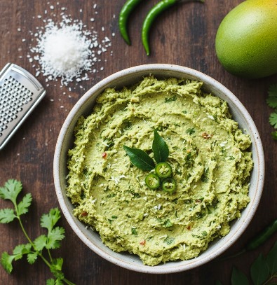 Delicious traditional Coriander Mango Chutney in a bowl to be served as side dish or yummy bred spread