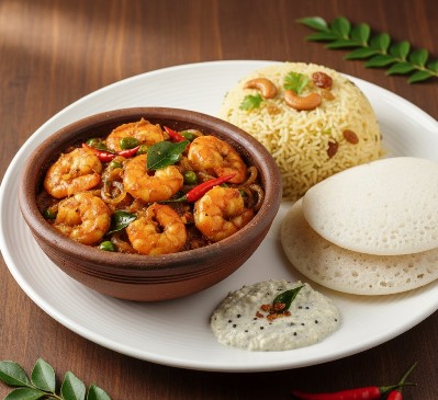 Plate of fried rice with chutney and appam, served alongside a bowl of spicy Kerala-style prawns Kanthari.