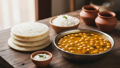 Large chickpea soupy cooked Kerala style, dark yellow to orange in colour, thin and watery consistency with whole chickpeas, coconut oil tempering, curry leaves, and traditional spices, served hot in a rustic bowl.