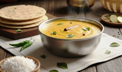 Simple Dal Curry Without Onions or Grinding served in a bowl with chapati and rice