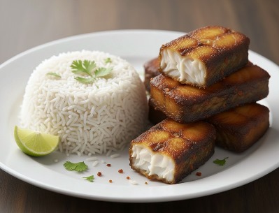 Golden to dark brown boneless fish fry made from thick fish flesh pieces with a crisp outer layer with ready to eat rice in a plate