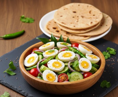 Plate of quail egg salad made with fresh vegetables, served alongside chapati for a light and healthy meal.
