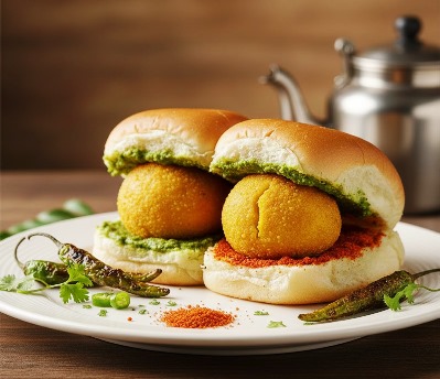 Wheat vada pav served hot with golden potato vada inside a multigrain bun on a plate, homestyle Indian snack