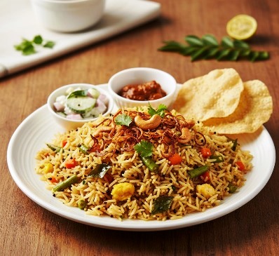 Kerala-style vegetable egg fried rice garnished with fried onions and cashew nuts, served with curd salad, pickle, and papad on a plate.