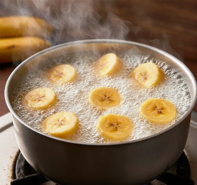 Kerala banana boiling in water and getting cooked  to prepare Dugdha Banana Dessert – A Creamy Kerala Delight