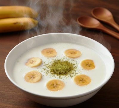 Dugdha Banana Dessert – A Creamy Kerala Delight in a white bowl