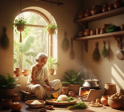 Traditional grandmother preparing healthy home-cooked food in a calm, natural kitchen