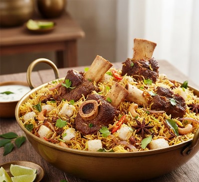 Delicious Tapioca Biryani with Beef Bones and meat in a kadai
