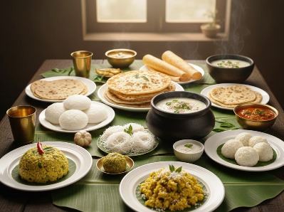Traditional Kerala breakfast and light meals including Palappam, dosa, idly, idiyappam, Pazhamkanji, chapati, pidi, kappa puzhuku, and jackfruit puzhuku.