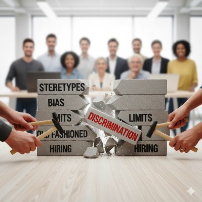Young and elderly employees standing side by side in an office, using hammers to break bricks marked age discrimination and age bias.