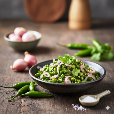 Green Chillies and shallots to prepare Green chilli Chutney