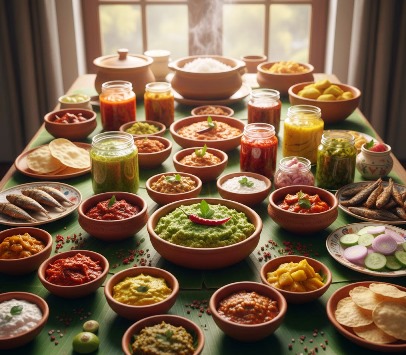 Kerala-style chutneys, pickles, and side dishes laid beautifully on a traditional dining table.