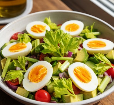 
Avocado & Egg Salad topped with celery leaves– A Fresh, Wholesome Home-Style Bowl