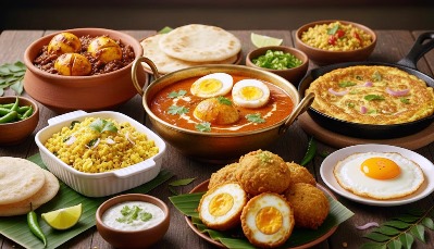 Yummy egg-Based Curries & Side Dishes, egg Thoran, egg roast, egg buji, egg dipped in batter and fried, egg omelet, egg bulls eye, scrambled egg with chapati and appam ready on a traditional wooden table