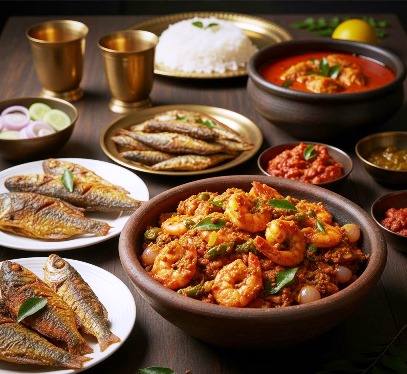 Prawns, fish curries, fish fries, fish pickle, and chutneys served with rice on a table, ready to be enjoyed.