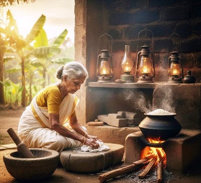Simple tools for everyday tasks. The utensils our ancestors used were made from materials like stone, wood, mud, porcelain, glass and iron. wood burning fire for cooking, mud pot with rice boiling, washing and grinding stones, assorted shapes kerosene  lanterns