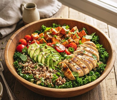 A large plate filled with healthy food, including greens, tomatoes, meat, and assorted colorful ingredients, representing a balanced and nutritious meal."