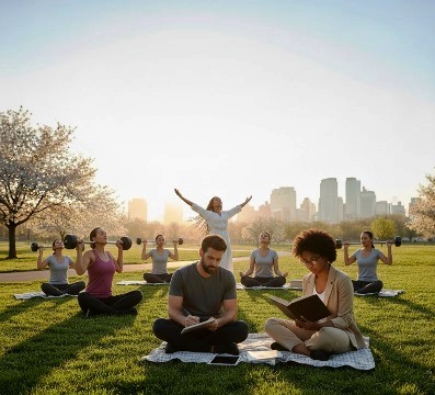 Holistic Health people having 7 dimensional health activities in an open ground