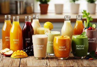 Healthy shakes, juices, and smoothies prepared at home, displayed in glass bottles and drinking glasses