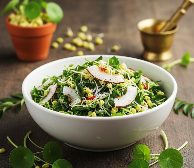 Traditional homestyle kudangal and sprouted cherupayar salad prepared with fresh ingredients in a white bowl toped with coconut pieces.