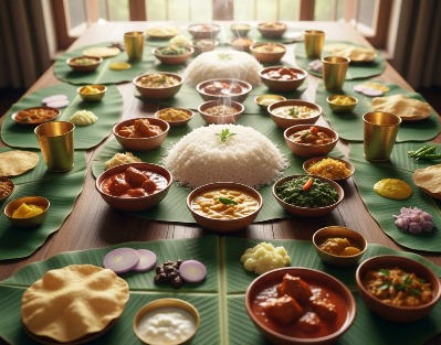 Lunch and main dishes served on banana leaves, including rice, chapati, papad, and a variety of curries and side dishes.