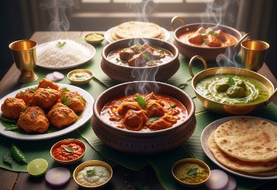 Traditional meat dishes including chicken, mutton, beef, and pork dishes served hot in bowls on a table with rice, chapati, chutneys, and sauces.