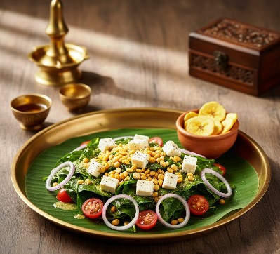 Traditional homestyle vegetarian salad prepared with fresh Panikoorka, chickpeas, lettuce, onions and tomato's and served in a copper plate with a clay bowl of banana chips.