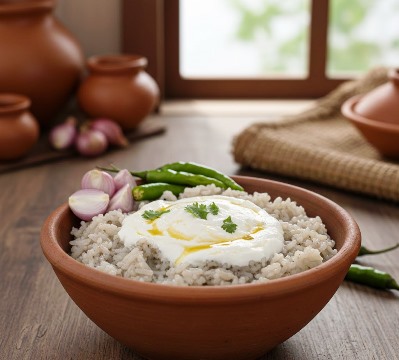 Fermented Rice Or Pazhamkanji in an earthen bowl
