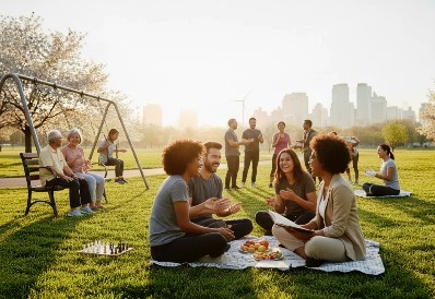  Social Health people in open ground social gathering