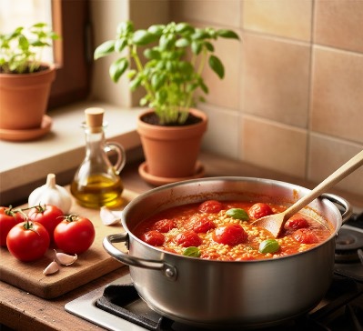 Traditional Italian spaghetti sauce prepared in a home kitchen using fresh tomatoes, herbs, and olive oil.