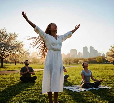 Spiritual Health: A lady standing with raised hands and others sitting on the ground with raised head facing the sun and praying