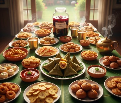 A table laid with traditional Kerala sweets, desserts, snacks, and tea-time items.