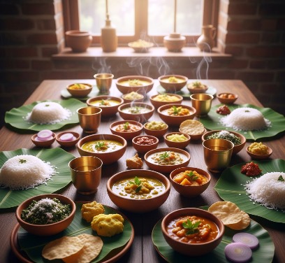 Kerala’s traditional vegetable curries and side dishes, including chickpeas, moru curry, sambar, and other curries, served in bowls with rice on banana leaves and attractively arranged on a tabletop.